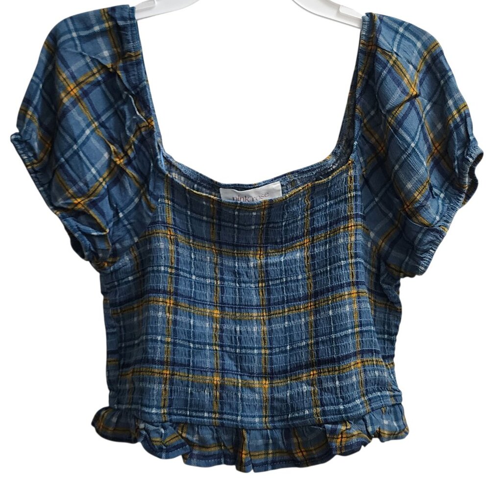 PINK ROSE Teal Plaid Square Neck Crop Top